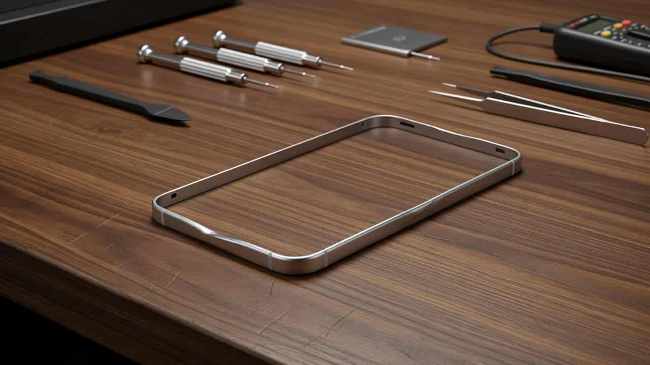 A silver smartphone with a noticeable bend rests on a clean wooden workbench surface. Surrounded by specialized precision screwdrivers and tweezers, the device undergoes a professional diagnostic process under soft lighting.