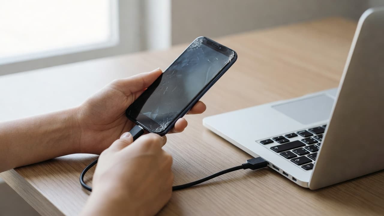 A close-up view features a dark smartphone linked to a laptop via a white USB cable. The devices sit on a clean wooden desk surface illuminated by soft, bright natural indoor lighting.