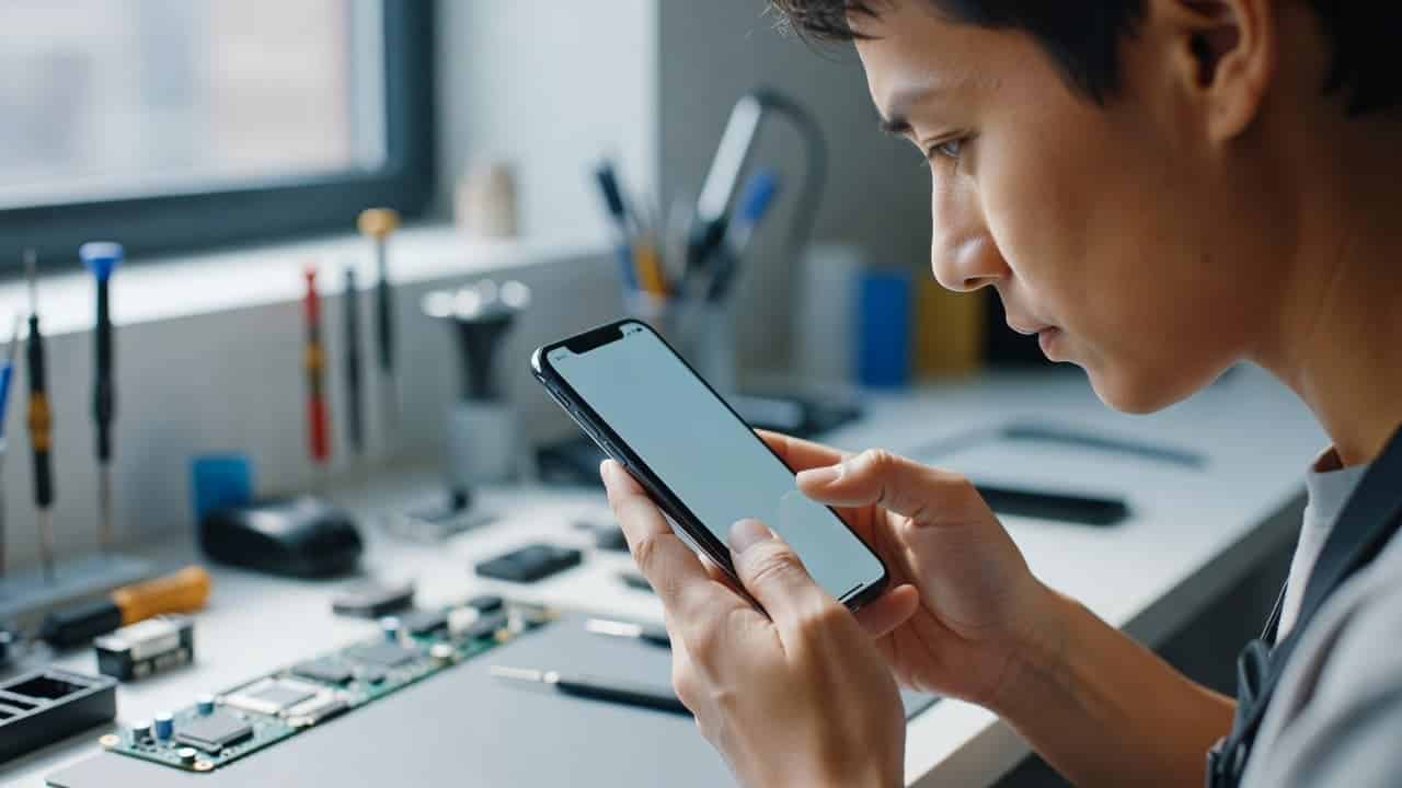 A focused customer examines a smartphone screen at a tidy workbench cluttered with professional repair tools. Soft natural light illuminates the device while electronic components remain blurred in the background environment.