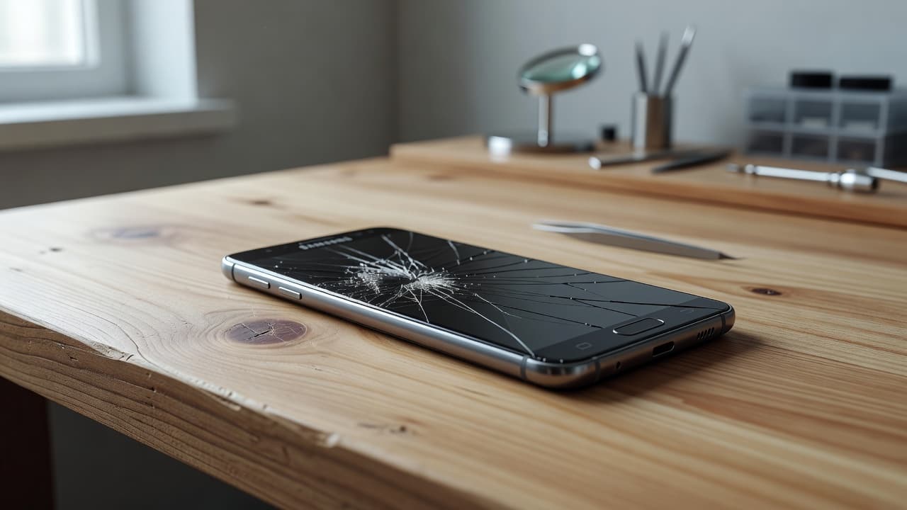 A shattered Samsung smartphone rests flat on a textured wooden workbench. The screen displays heavy spiderweb cracking across the display, suggesting a significant drop, while clean workshop tools sit nearby.
