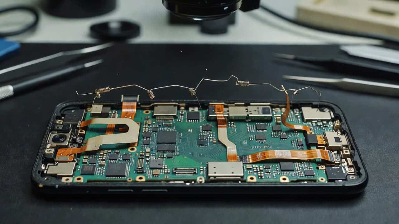 A disassembled smartphone reveals a complex motherboard with intricate ribbon cables and delicate antenna arrays. Tools rest near the central chassis, highlighting the fragile connections disrupted during a high-impact drop.