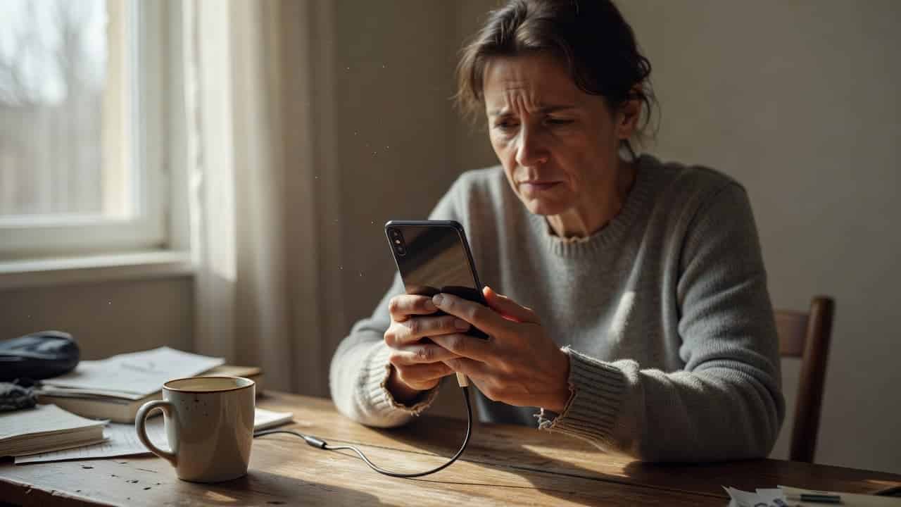 A person sits at a cluttered desk holding a smartphone while attempting to connect a loose charging cable. Soft daylight illuminates their concerned expression as they fiddle with the faulty power cord.