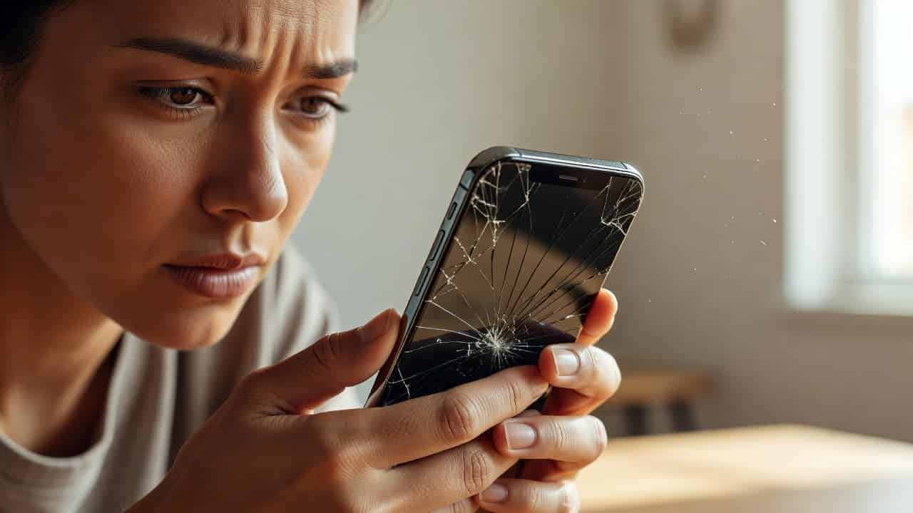 A close-up shot captures a person holding a smartphone featuring a severely shattered display. Their face shows a look of genuine concern and frustration while they examine the damaged mobile device.