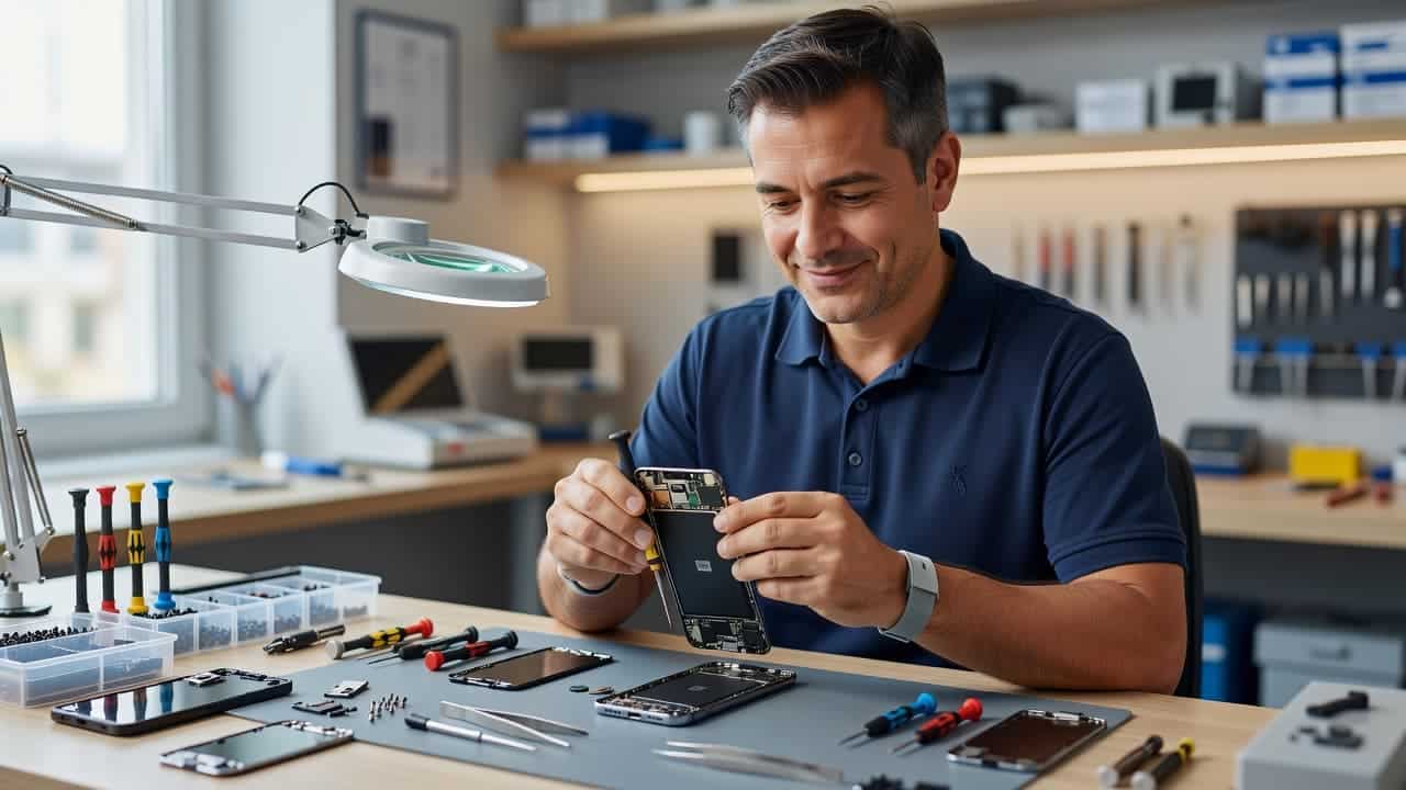 A technician wears precision gloves while carefully repairing a smartphone on an organized desk. Specialized repair tools are neatly arranged nearby under bright studio lighting in a modern clean workshop environment.
