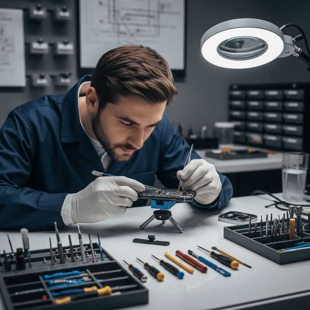 A technician wears precision gloves while using delicate tools to assemble a disassembled smartphone on a clean workstation. Organized shelves filled with professional equipment line the brightly lit repair shop walls.