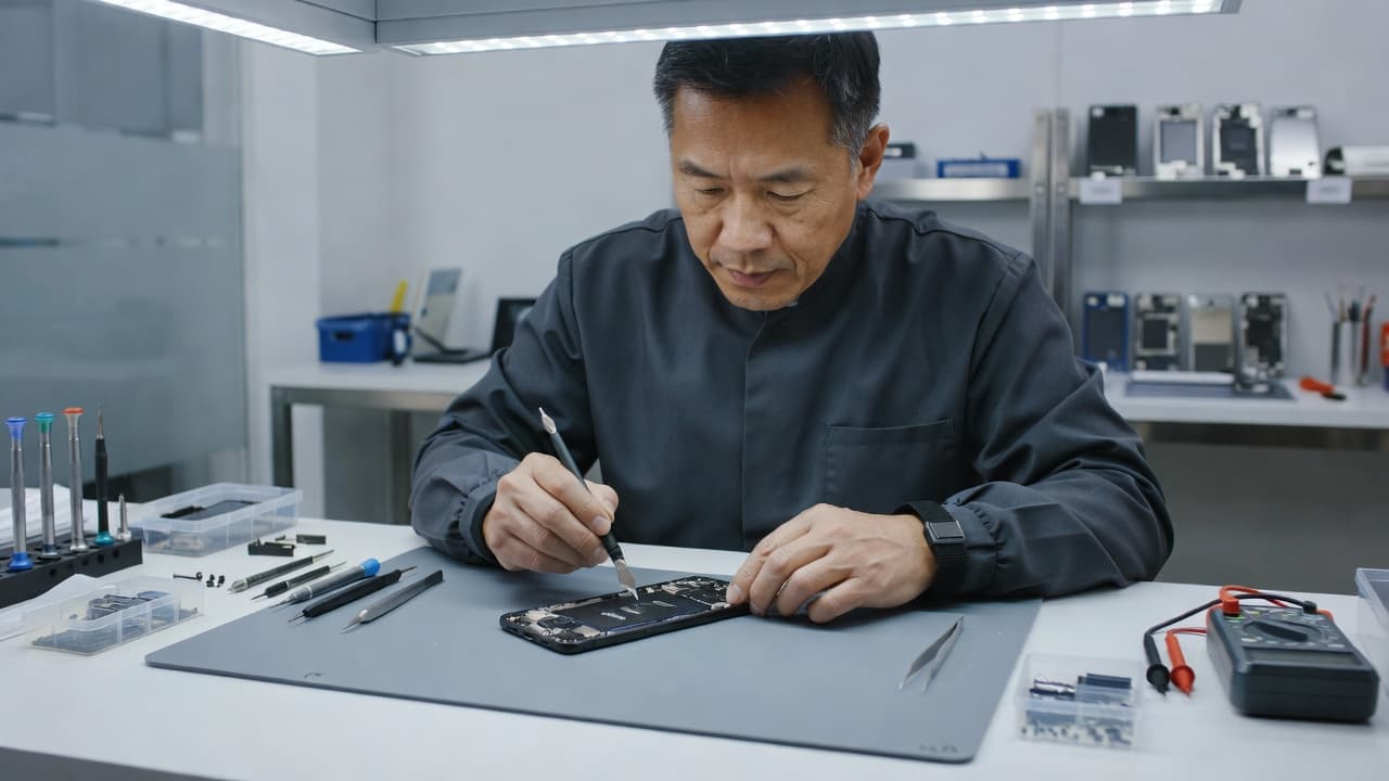 A technician wears precision gloves while using delicate tools to inspect the exposed internal components of a smartphone on a bright white workbench. Various specialized repair equipment rests nearby in order.