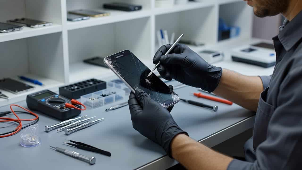 A technician wears precision gloves while examining a cracked mobile display on a workbench. Various specialized repair tools and screwdrivers are neatly arranged on the clean, illuminated surface in the background.