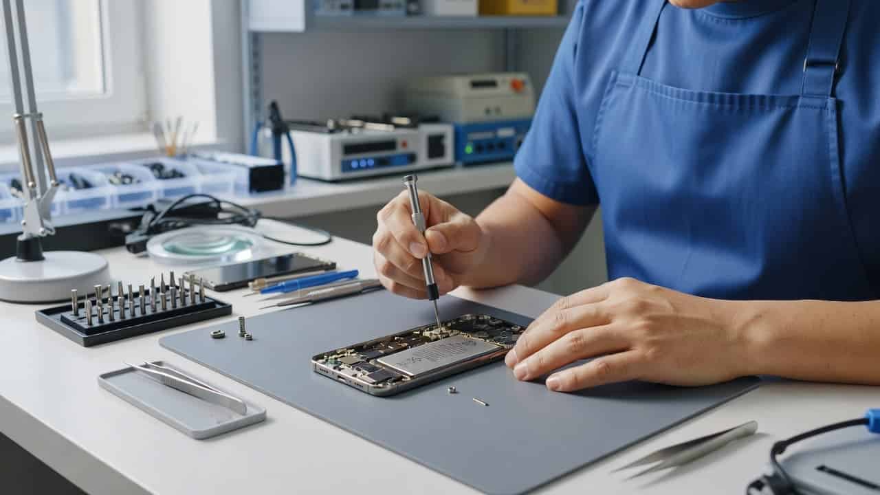 A technician wearing a blue apron uses precision tools to dismantle a smartphone on an organized workbench. The open device reveals intricate internal components under clear, soft natural overhead lighting.