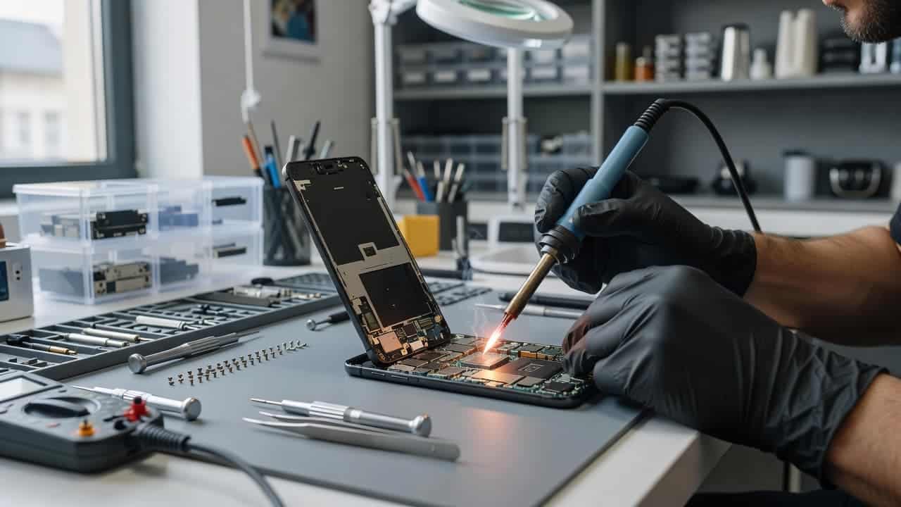 A technician wearing anti-static gloves uses a precision screwdriver to carefully open a smartphone casing. The workspace features organized tools including a soldering iron and metallic tweezers on a desk.