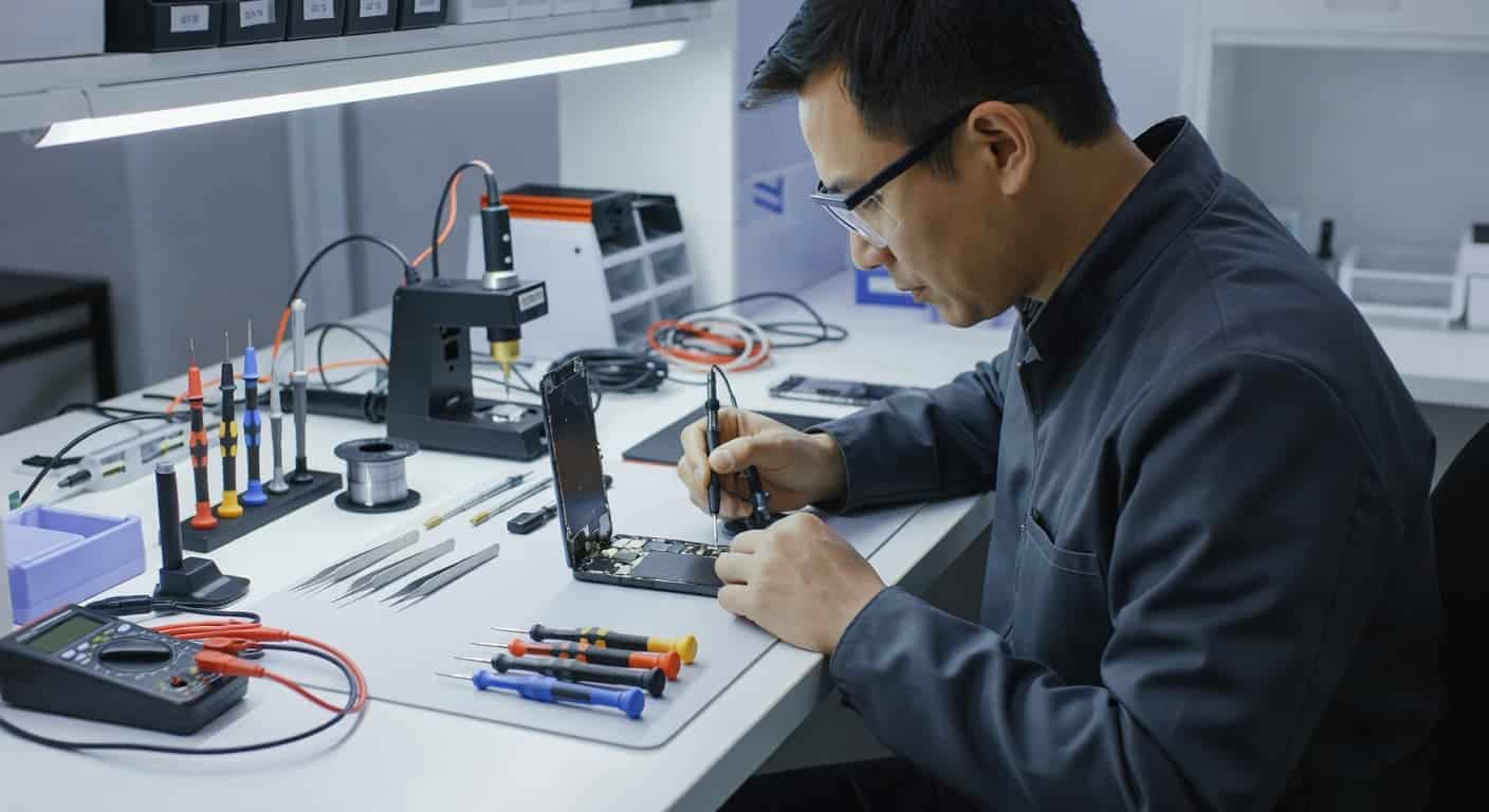 A technician wears precision gear while inspecting a smartphone display under bright lights. Various specialized screwdrivers and tweezers are organized neatly across the clean, sterile white surface of the workbench.