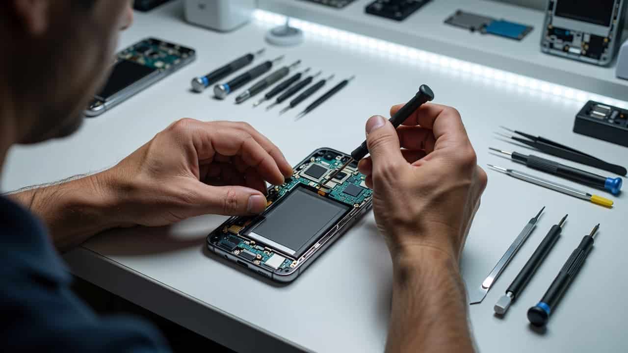 A technician wears ESD gloves while manipulating tiny internal components of an open smartphone. Precision screwdrivers and tweezers are organized neatly on the bright, clinical surface of the repair workstation.