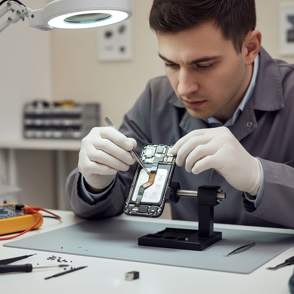 A professional technician wearing nitrile gloves carefully uses precision tweezers to handle internal smartphone components. The open device rests on a clean, organized workbench under bright, clinical illumination for maximum visibility.