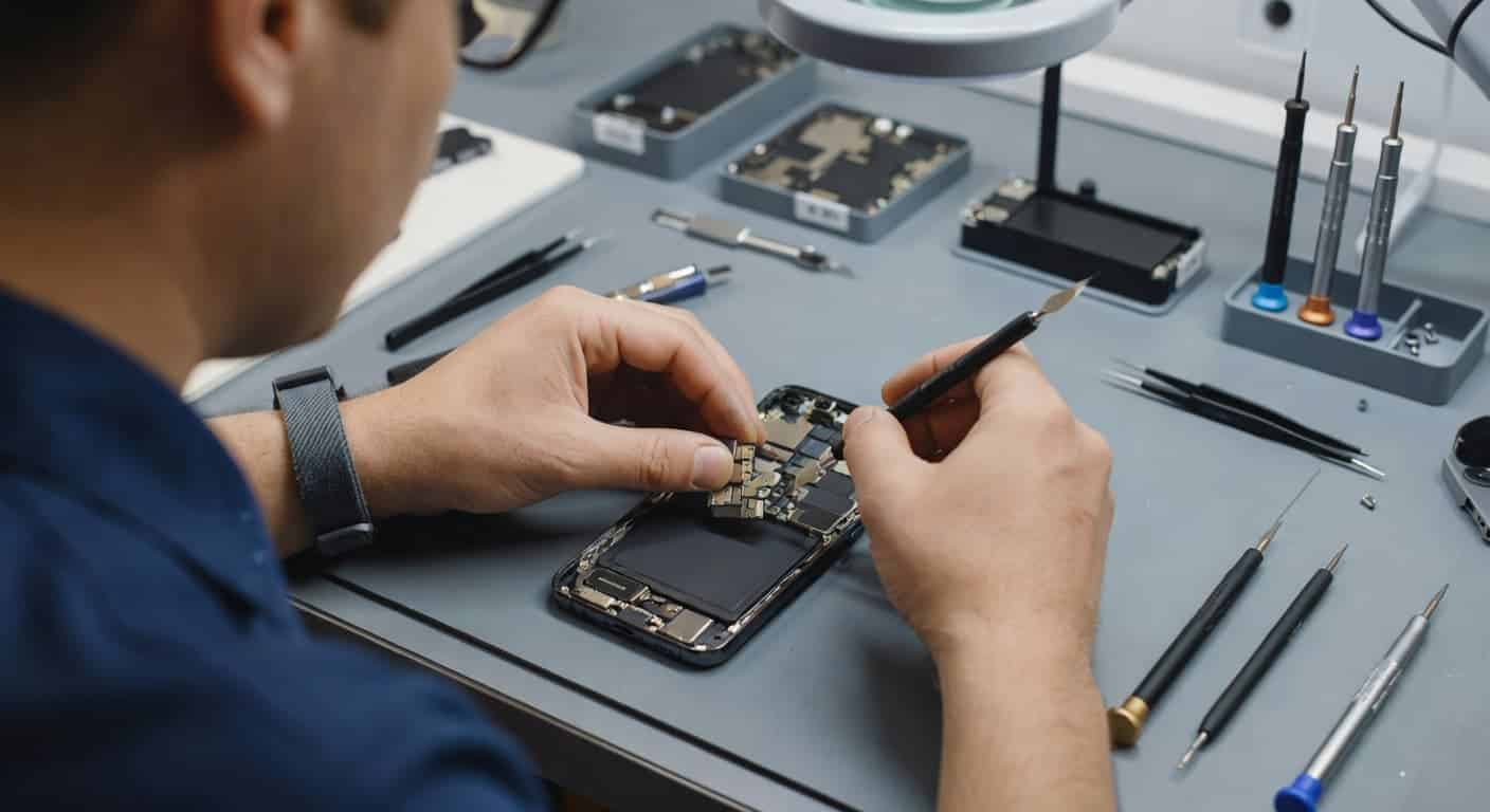 An experienced technician uses a precision tool to carefully adjust the internal components of an open smartphone. The clean workbench is brightly illuminated by soft, professional lighting for technical accuracy.