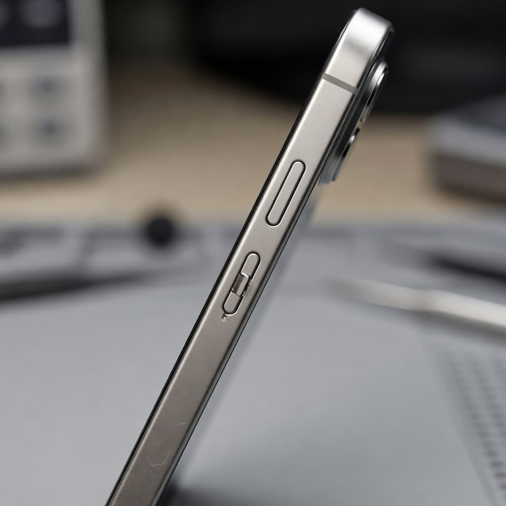 A sharp close-up view of a sleek mobile device side profile highlighting the metal volume rockers and power toggle. The soft, professional studio lighting emphasizes the device's polished aluminum finish.
