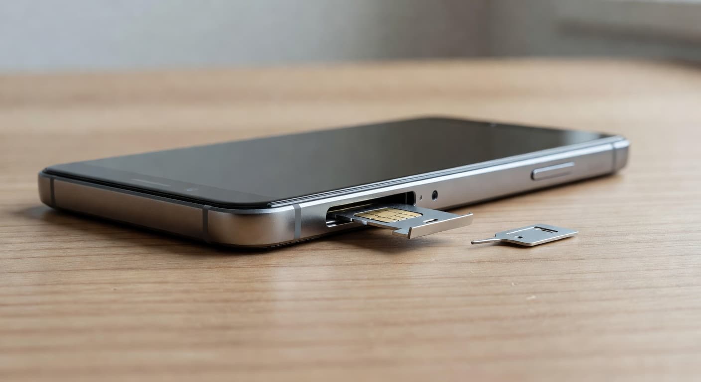 A close-up view of a metallic smartphone resting on a wooden surface with its SIM card tray partially ejected. A small silver tool sits beside the device ready for maintenance.
