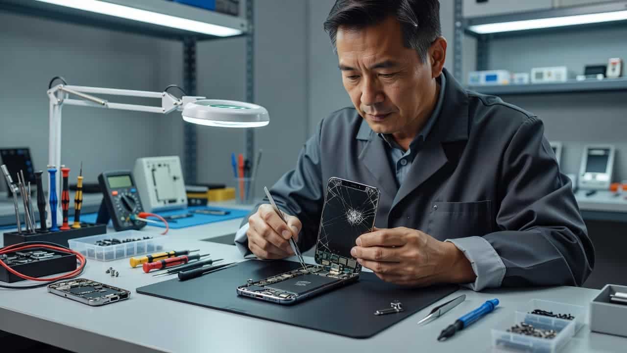 A focused technician uses professional tools on a clean workbench to examine the internals of a shattered mobile device. The soft ambient lighting highlights the precision required for complex hardware repairs.
