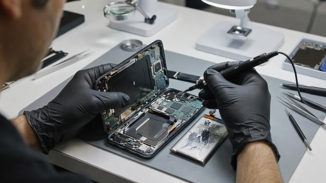 A technician wearing thin gloves holds an open smartphone, carefully inspecting the complex microchips and internal hardware. Precision tools rest on the pristine white workshop table under soft professional lighting.