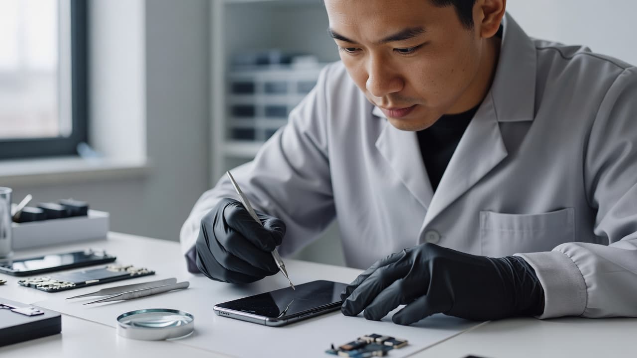 A focused technician uses precision tools to examine a smartphone display within a bright, organized workshop. The close-up shot highlights delicate metallic instruments resting on a clean, light-colored workbench surface.