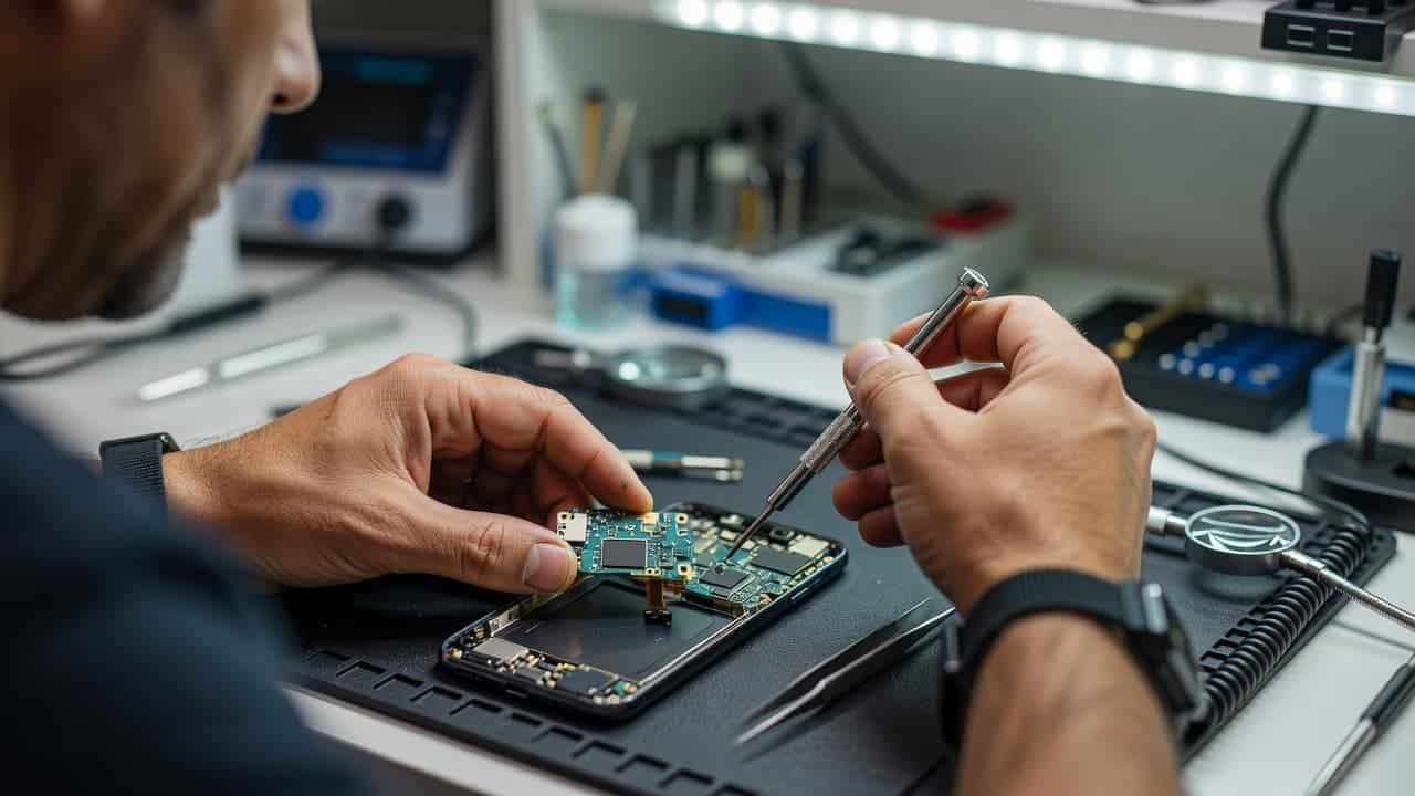 A focused technician uses fine metallic tweezers to adjust delicate internal smartphone components under bright workbench lights. Various specialized screwdrivers and precision tools lie organized on the clean, professional repair station surface.