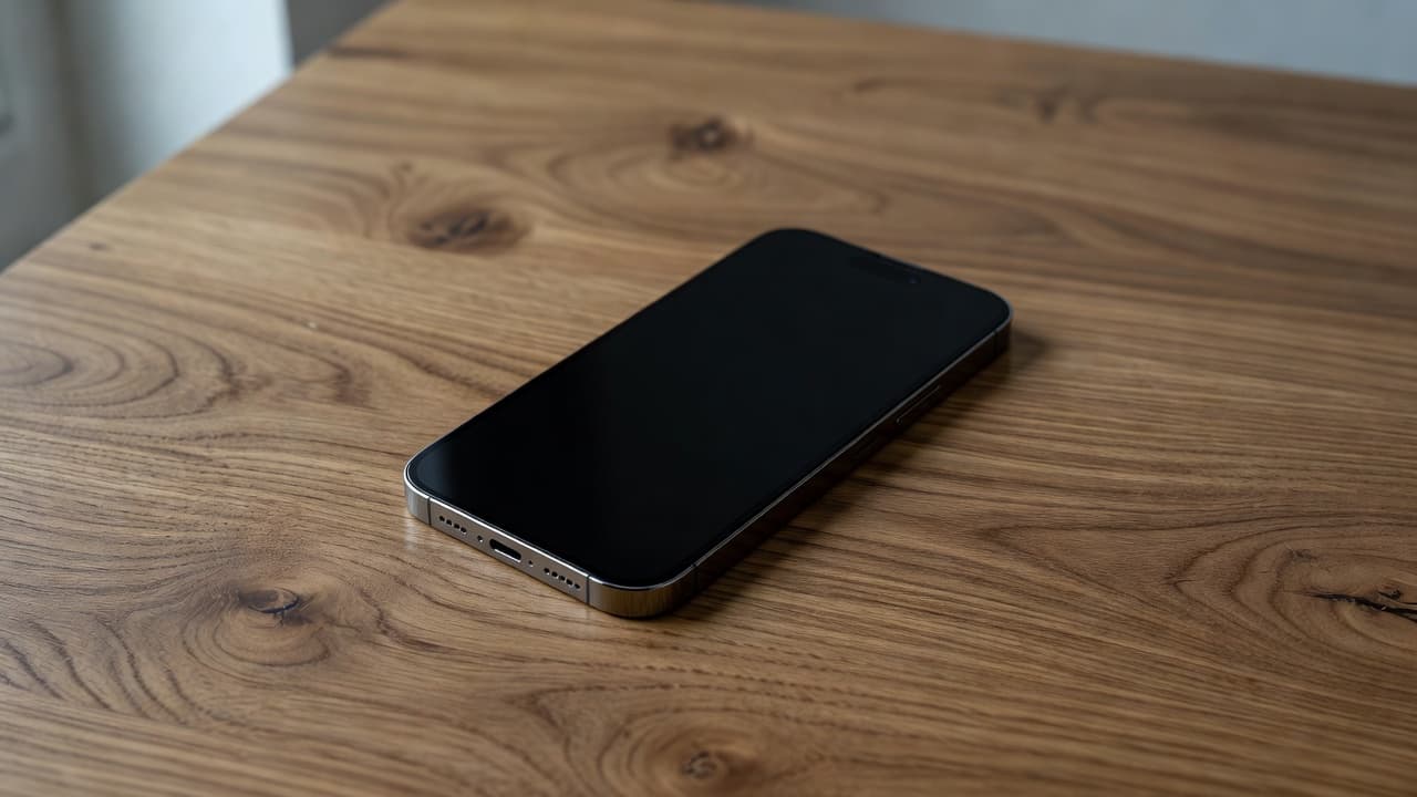 A single smartphone with an inactive, pitch-black display rests flat on a textured wooden desk surface. Soft, dim ambient light emphasizes the dark screen reflecting the quiet environment of the room.
