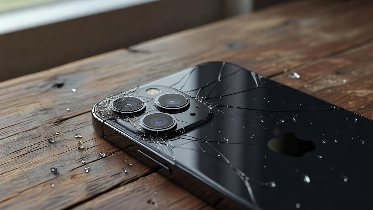 A modern smartphone rests face down on a textured wooden table surface. The focus is fixed on the rear camera housing, highlighting potential surface scratches or structural damage from a drop.
