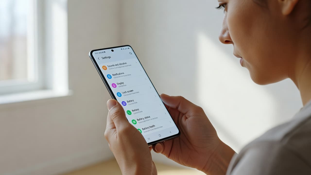 A person holds a smartphone in a bright room, viewing the battery health status within the device settings menu. Soft natural daylight illuminates the screen and the user's hands perfectly.
