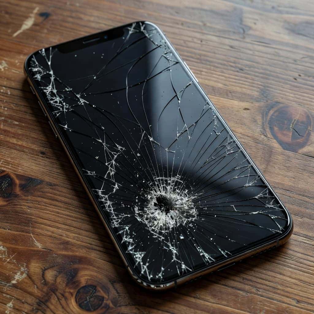 A close-up view shows a shattered glass display on a mobile phone resting atop a rustic wooden desk. Soft natural light highlights the intricate web of cracks across the dark screen.