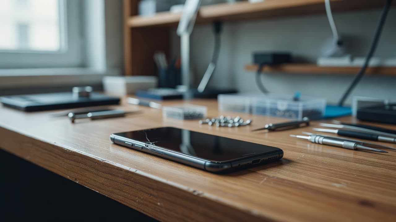 A smartphone with a cracked screen lying on a wooden repair bench.
