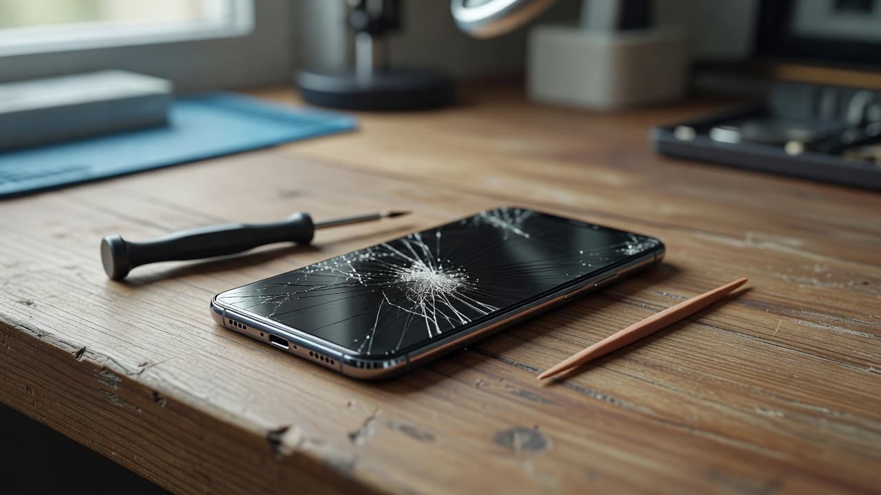 A smartphone with a cracked screen sits on a wooden desk next to repair tools.