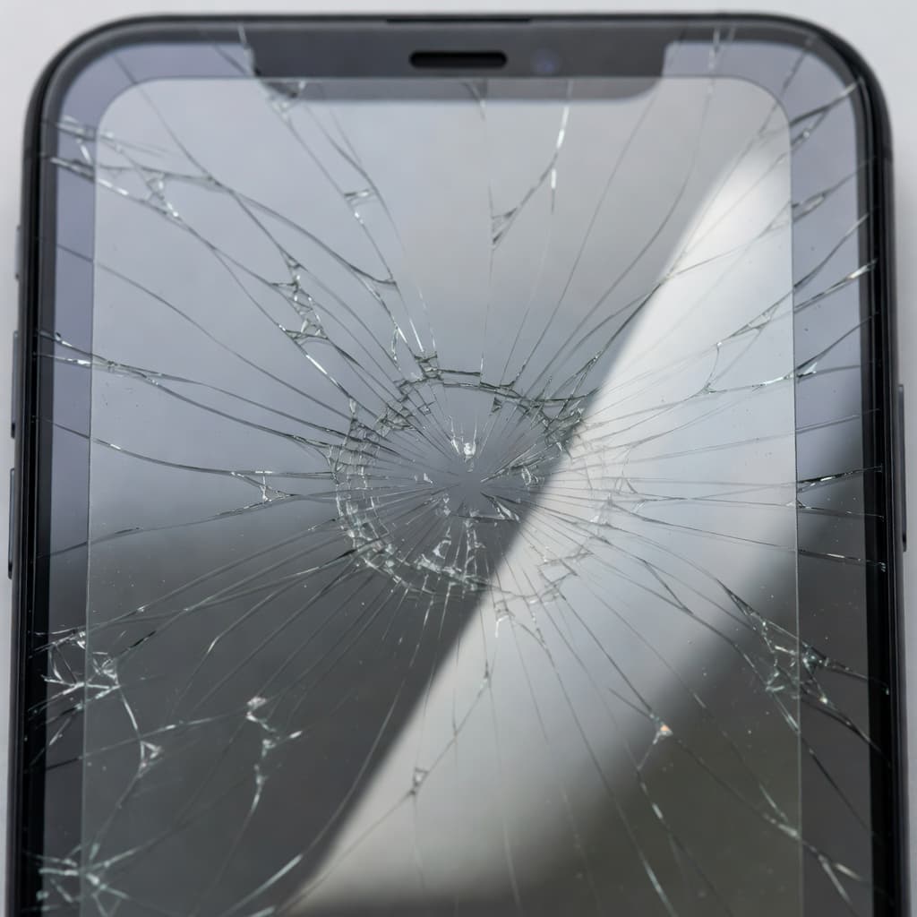 A close-up view of a smartphone screen featuring jagged spiderweb fractures beneath a glossy, transparent adhesive protector. Soft, natural lighting highlights the contrast between the damaged glass and the smooth surface layer.
