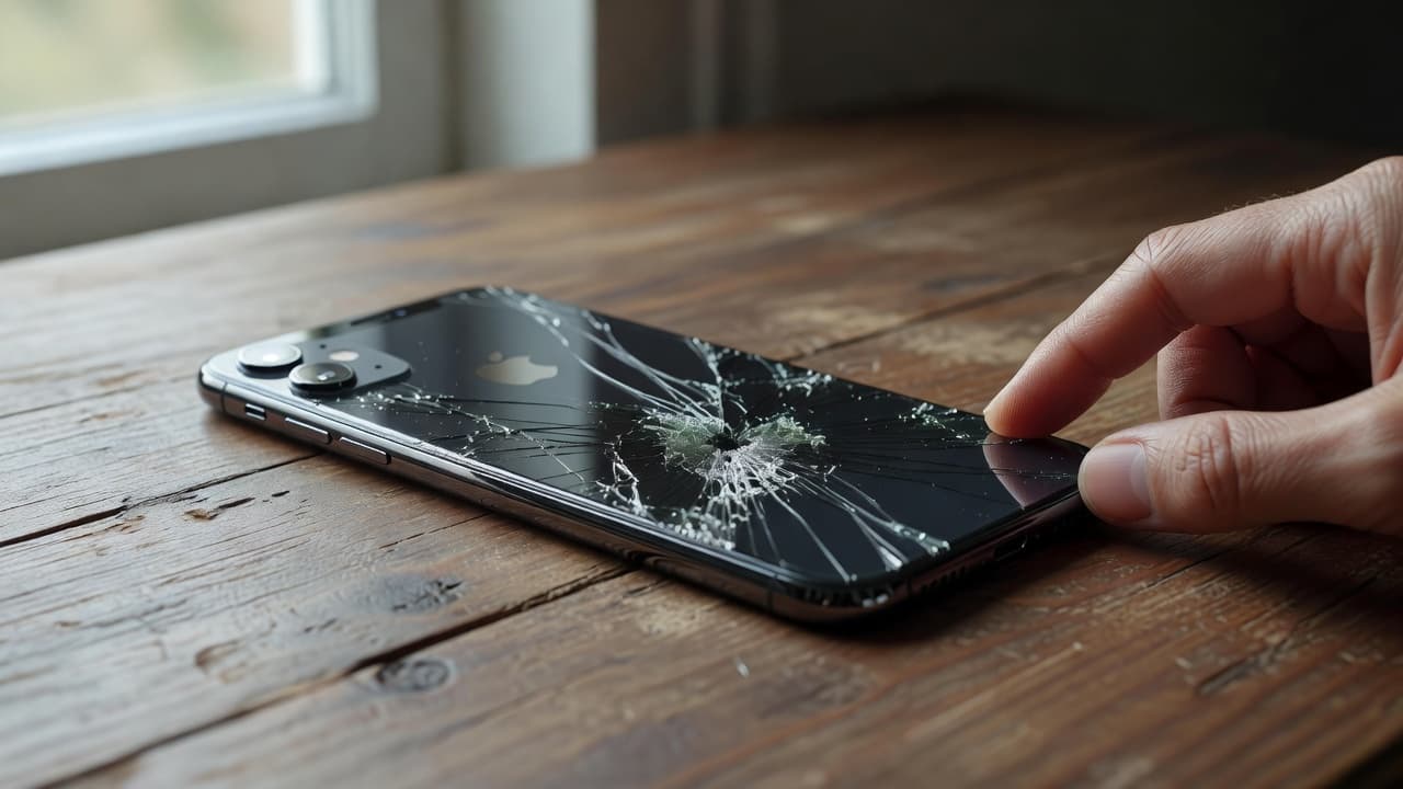 A modern smartphone with a badly shattered glass screen lying on a wooden desk.
