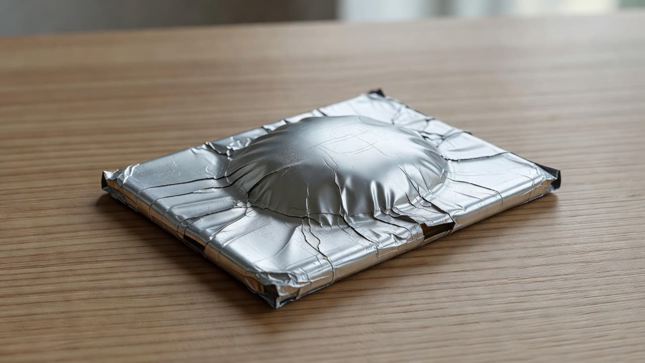 A close-up view of a severely bloated lithium-ion phone battery resting on a smooth wooden tabletop. The metallic casing shows distinct signs of pressure and distortion from chemical internal expansion.