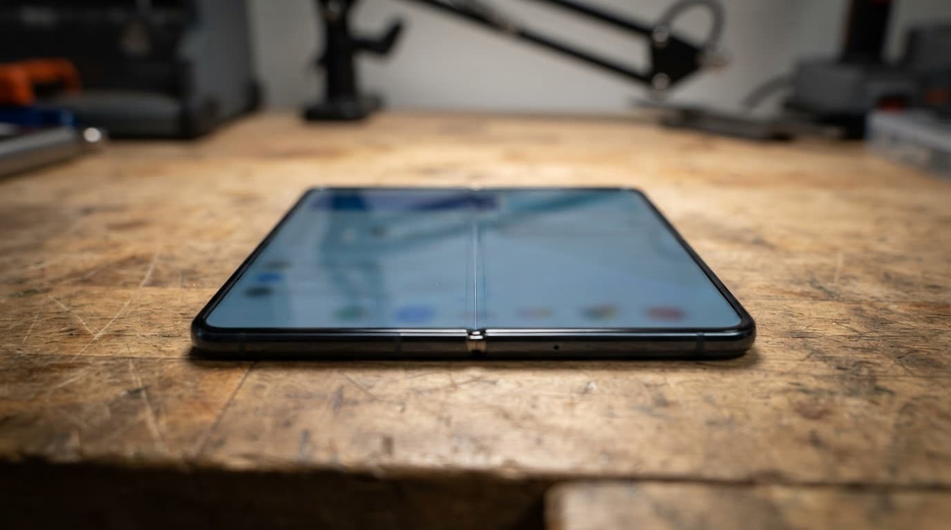 Open foldable phone with a faint line along the center of its inner screen.