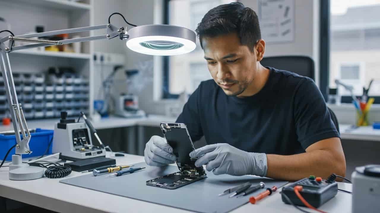 A focused repair technician uses a magnifying lamp to examine an iPhone display in a bright workshop. Precision tools lie nearby on the clean workstation surface, highlighting the repair process.