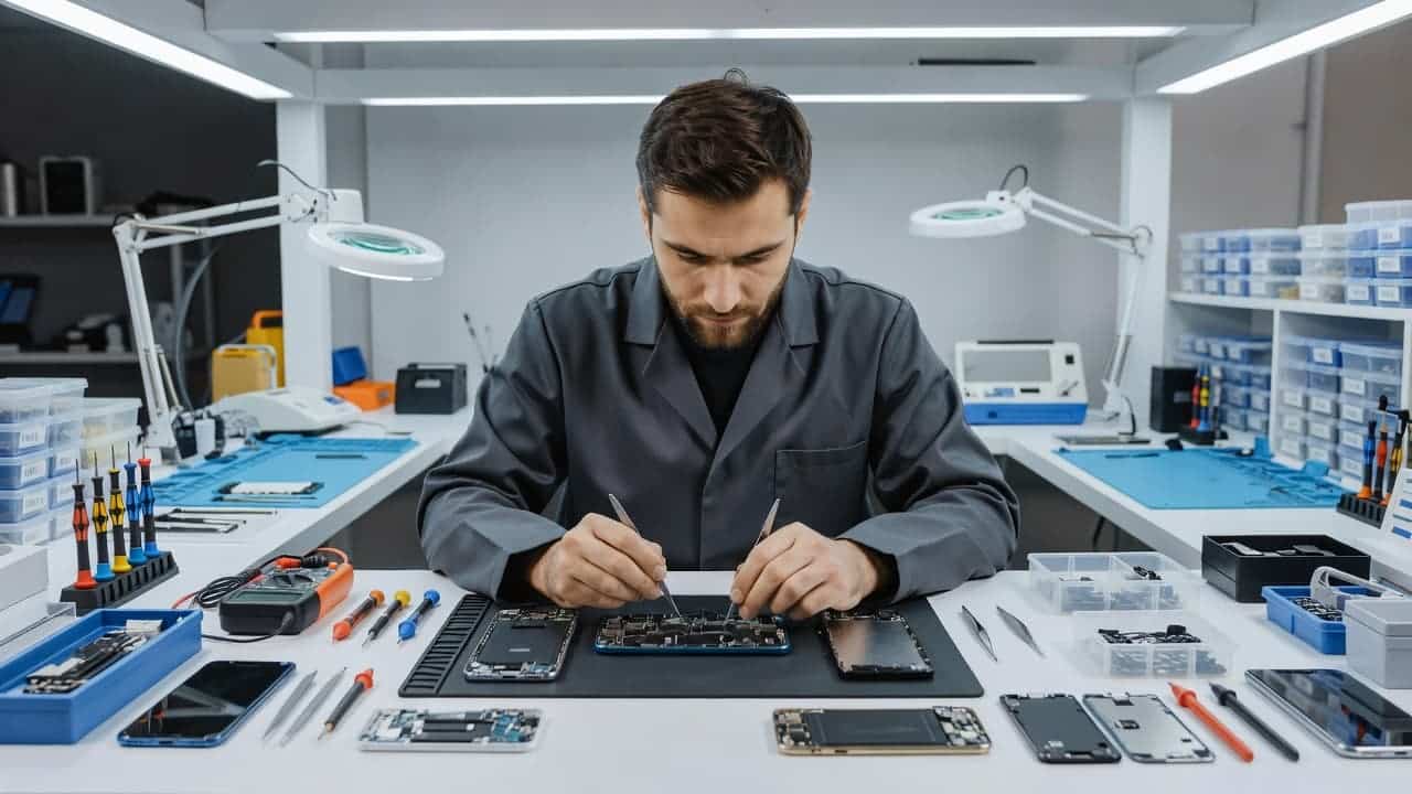 A technician repairing a smartphone at a tidy workbench with tools and parts.