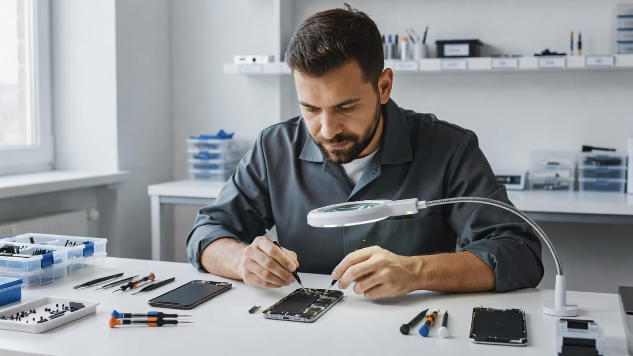 A technician wears precision goggles while using specialized metallic probes to examine the internal components of a dismantled smartphone. The clean, organized workbench features various miniature screwdrivers and testing equipment.
