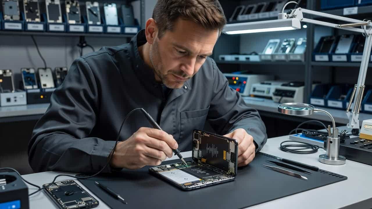 A technician checks smartphone battery diagnostics in a repair workshop.