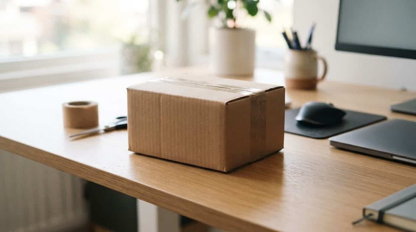 A blank cardboard shipping box for a phone repair sits on a wooden desk.