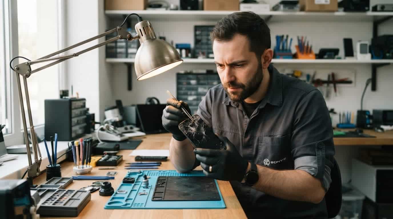 A technician examines a cracked smartphone screen under a lamp in a workshop.