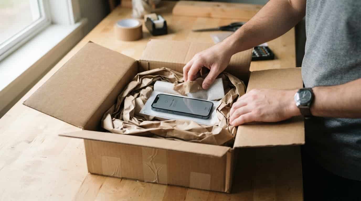 A sturdy cardboard shipping box packed with protective materials on a clean workbench.