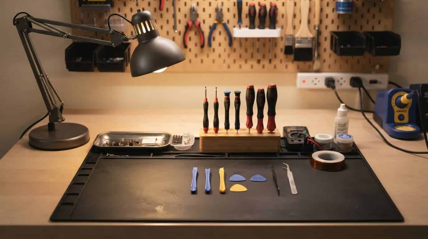 A clean workbench with repair tools and a magnifying lamp.