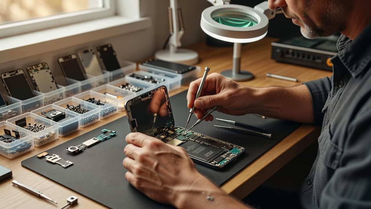 A technician carefully uses precision tweezers to repair a modern smartphone's internal components. The workspace background features organized spare parts under warm light, emphasizing professional maintenance and device hardware restoration.