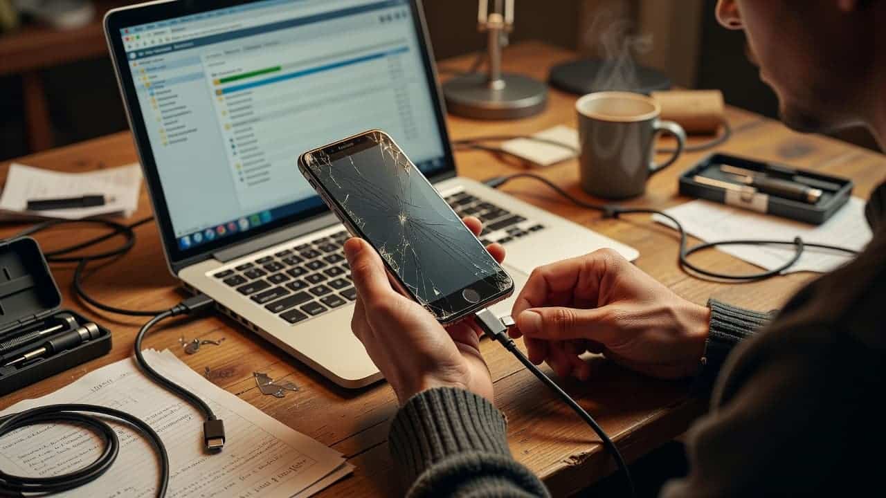 A technician carefully connects a damaged smartphone with a shattered display to a silver laptop using a USB-C cable. The warm lighting highlights the intricate work happening on the wooden desk.