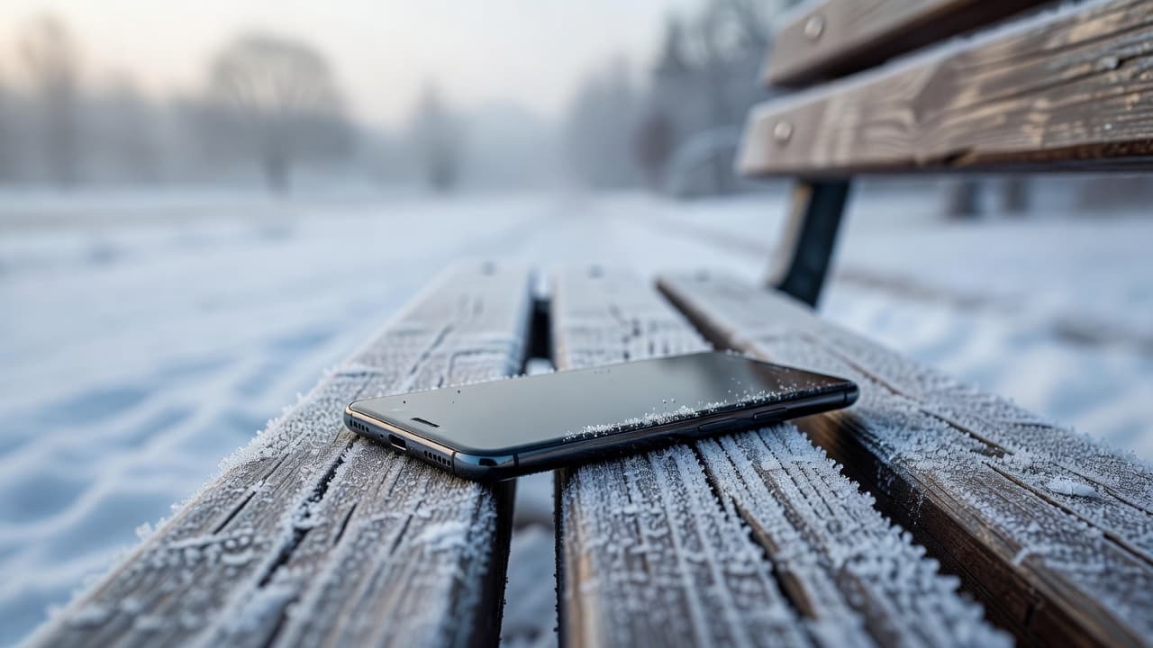 A modern smartphone resting on a frosty wooden bench on a cold morning.