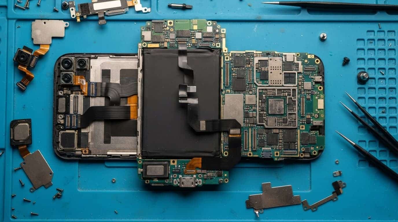 An array of disassembled smartphone parts and microchips laid out on a repair mat.