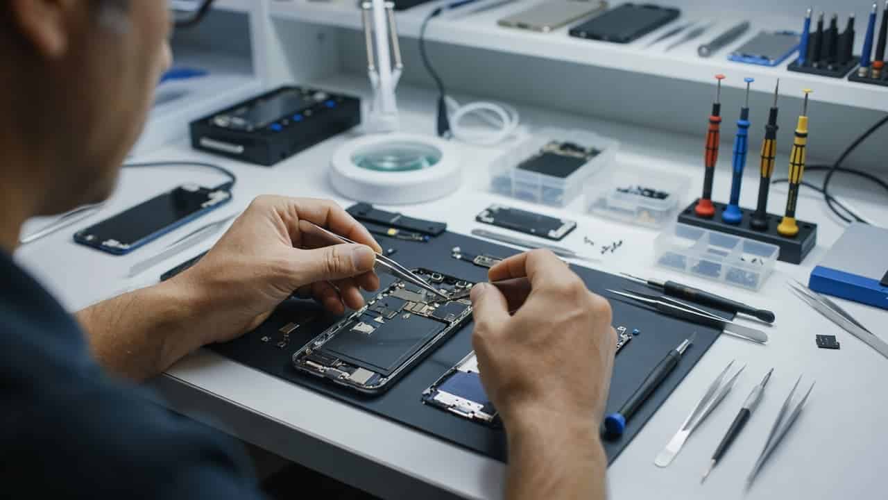 A technician carefully uses precision tweezers to assemble delicate smartphone components on a clean white workbench. Nearby, an organized array of specialized screwdrivers and small repair tools sit ready for use.