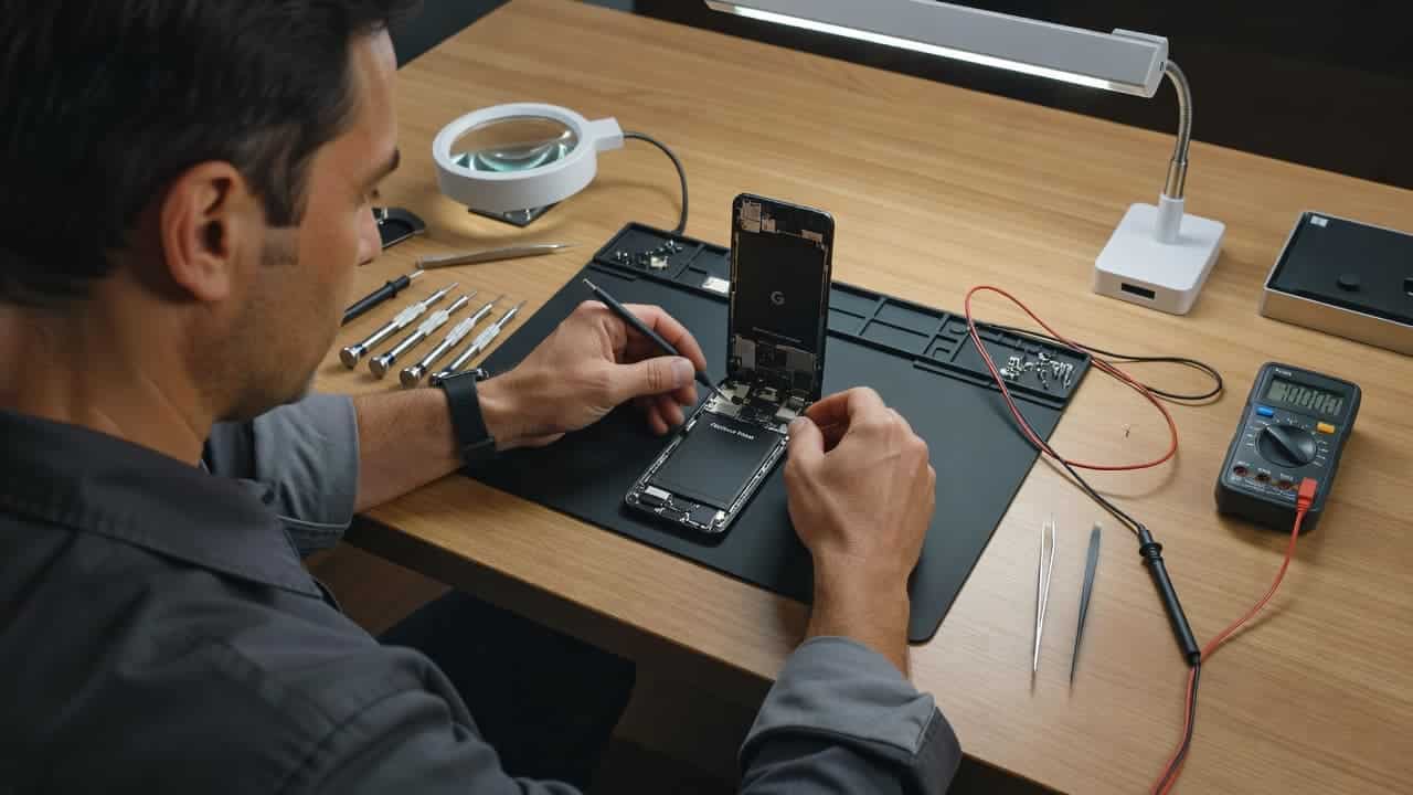 A technician using repair tools on a smartphone at a clean wooden workbench.
