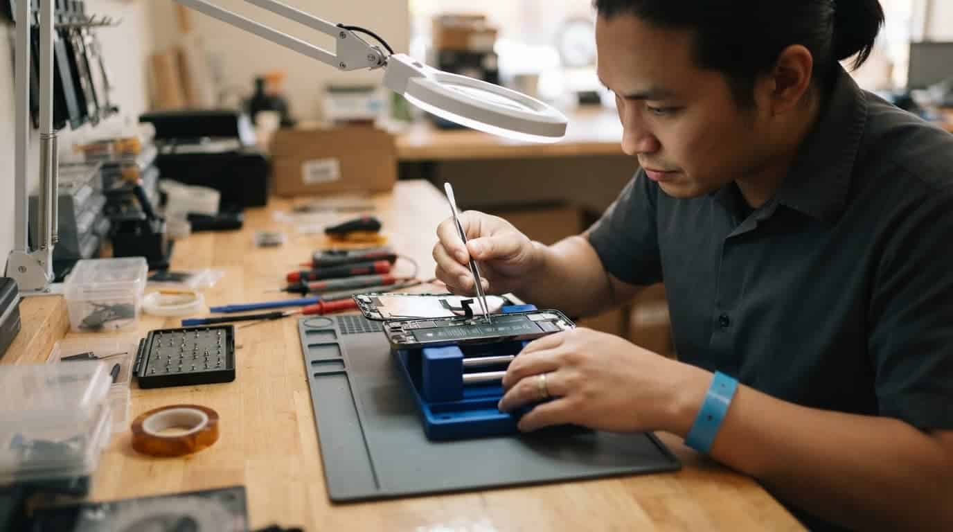 A technician repairing a smartphone on a wooden workbench with tools.