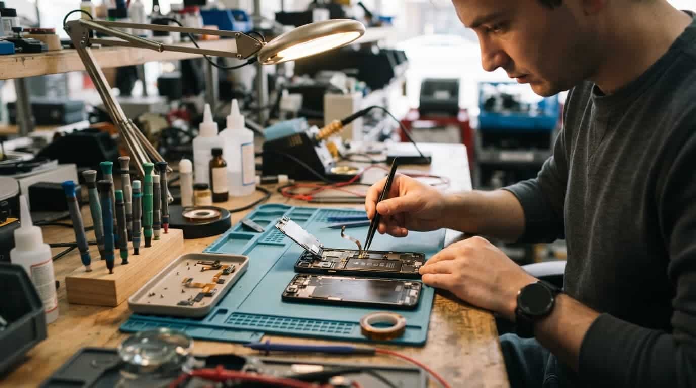A technician meticulously repairs a smartphone on a workbench surrounded by tiny tools.