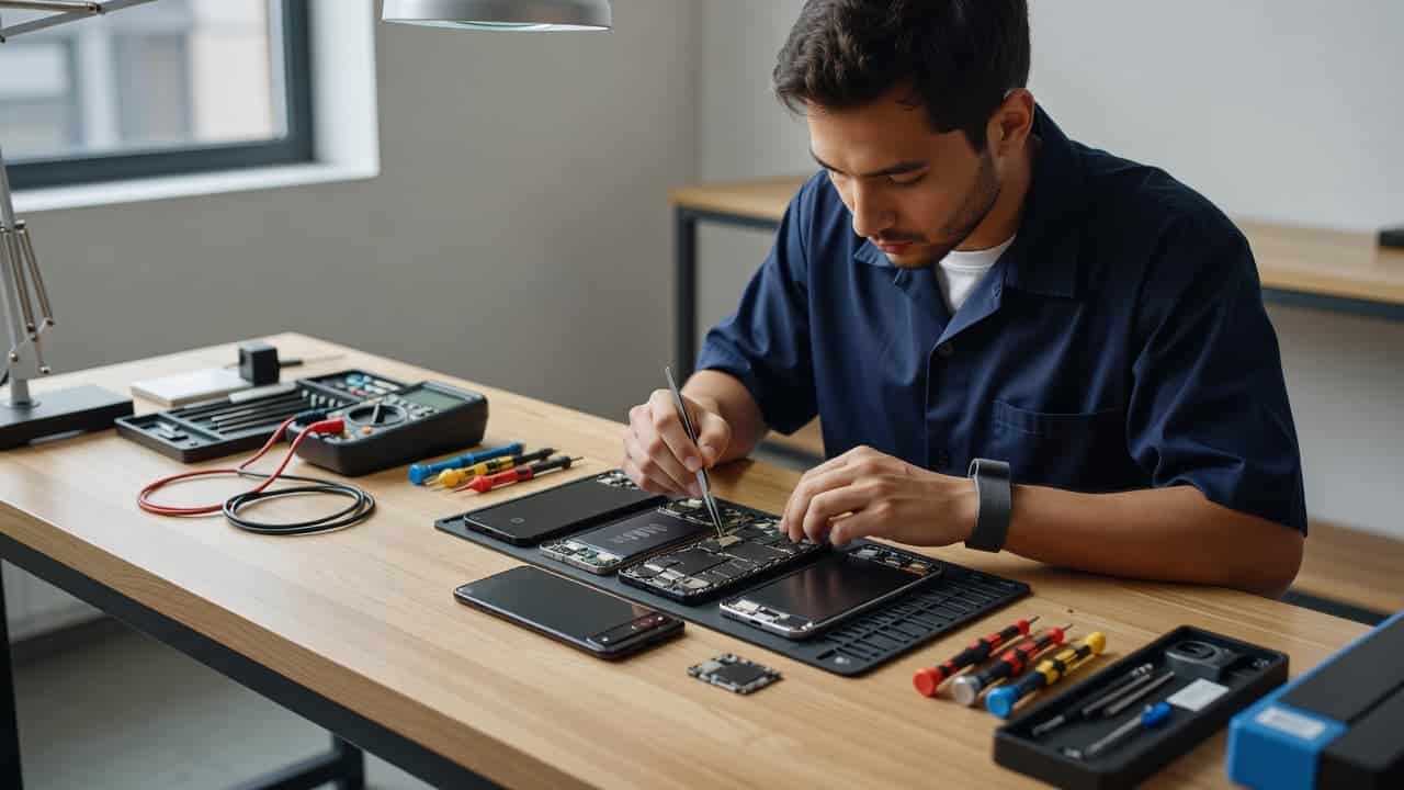 A technician at a clean workbench repairing a disassembled smartphone.